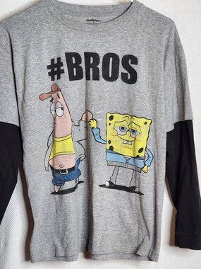 Nickelodeon Spongebob and Patrick Grey Black Layered Look LS Cotton Poly Shirt L